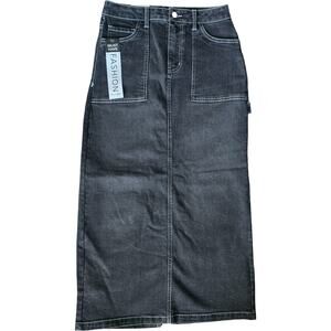 Love Fire Maxi Skirt Size 3 Dark Wash Denim High Rise Back Slit Utility Y2K